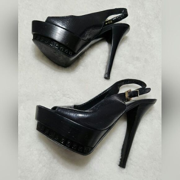 Fendi 37 Black Heels Pumps Platform Slingback Peep Toe Shoes - Picture 2 of 13